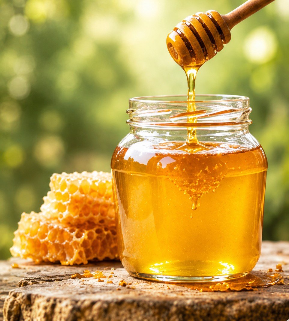 Golden natural honey with honeycomb and wooden honey dipper