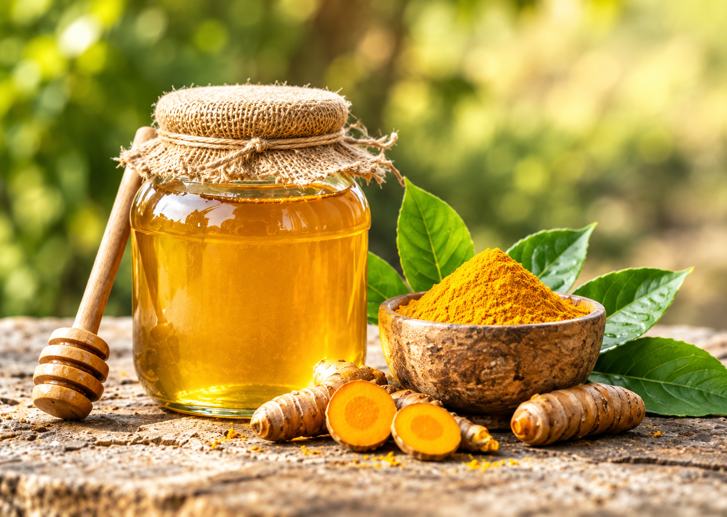 Natural honey, turmeric powder and fresh turmeric roots