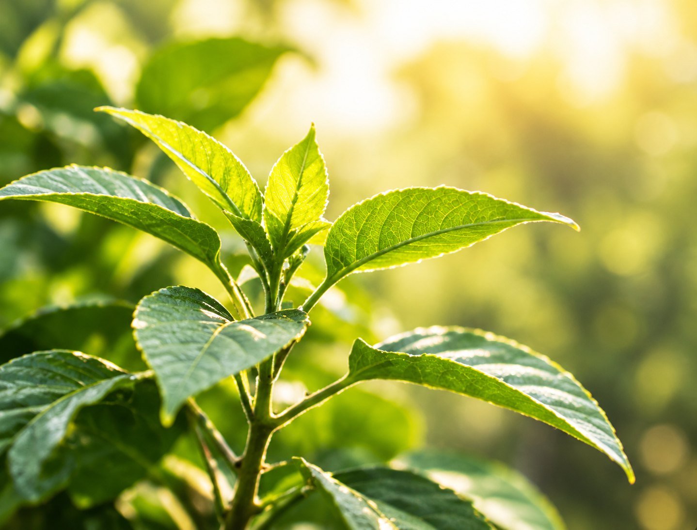 Young green seedling growing in warm natural sunlight